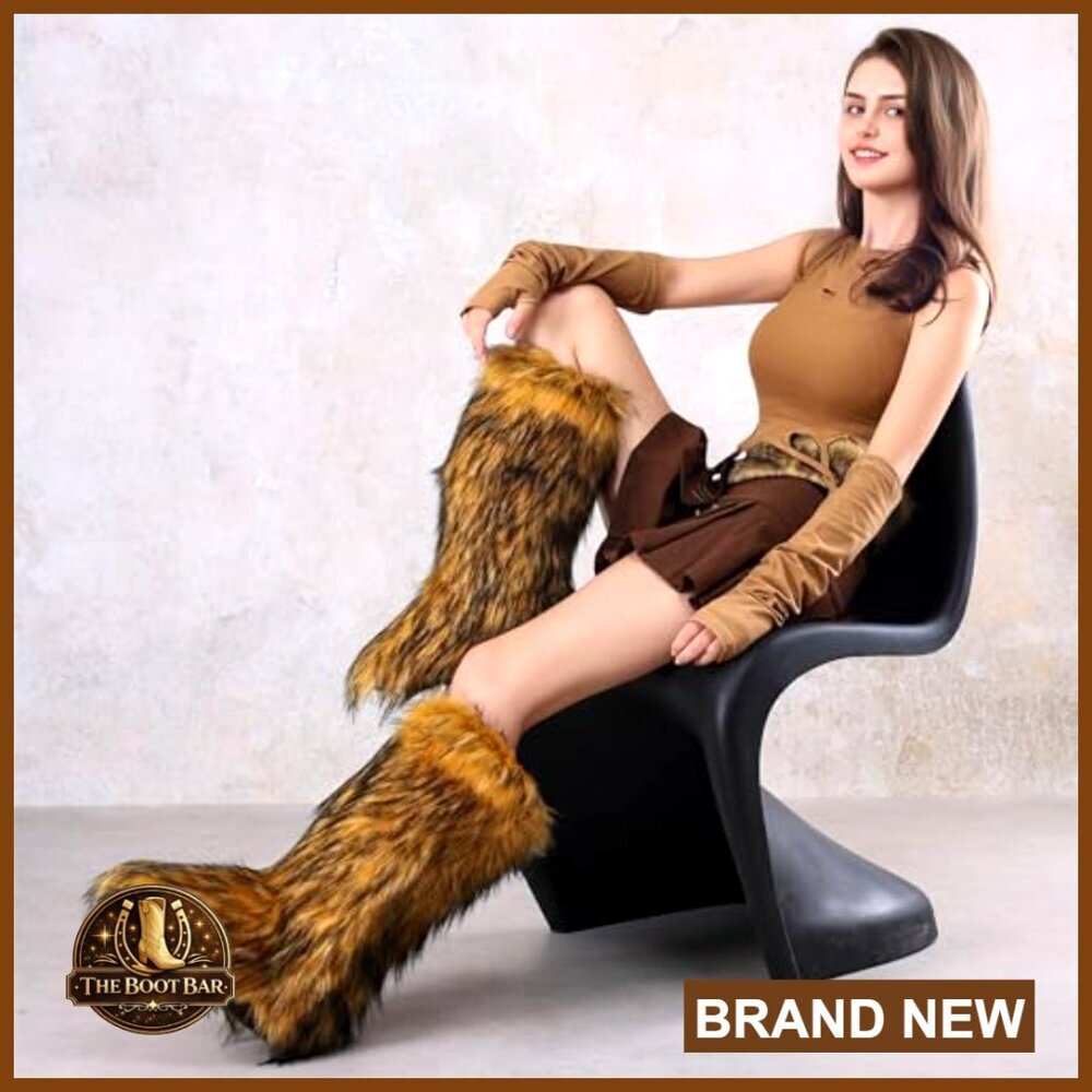 Faux Fur Knee High Snow Boots Y2K Winter Warm Soft Slip On Mid Calf - Picture 6 of 7